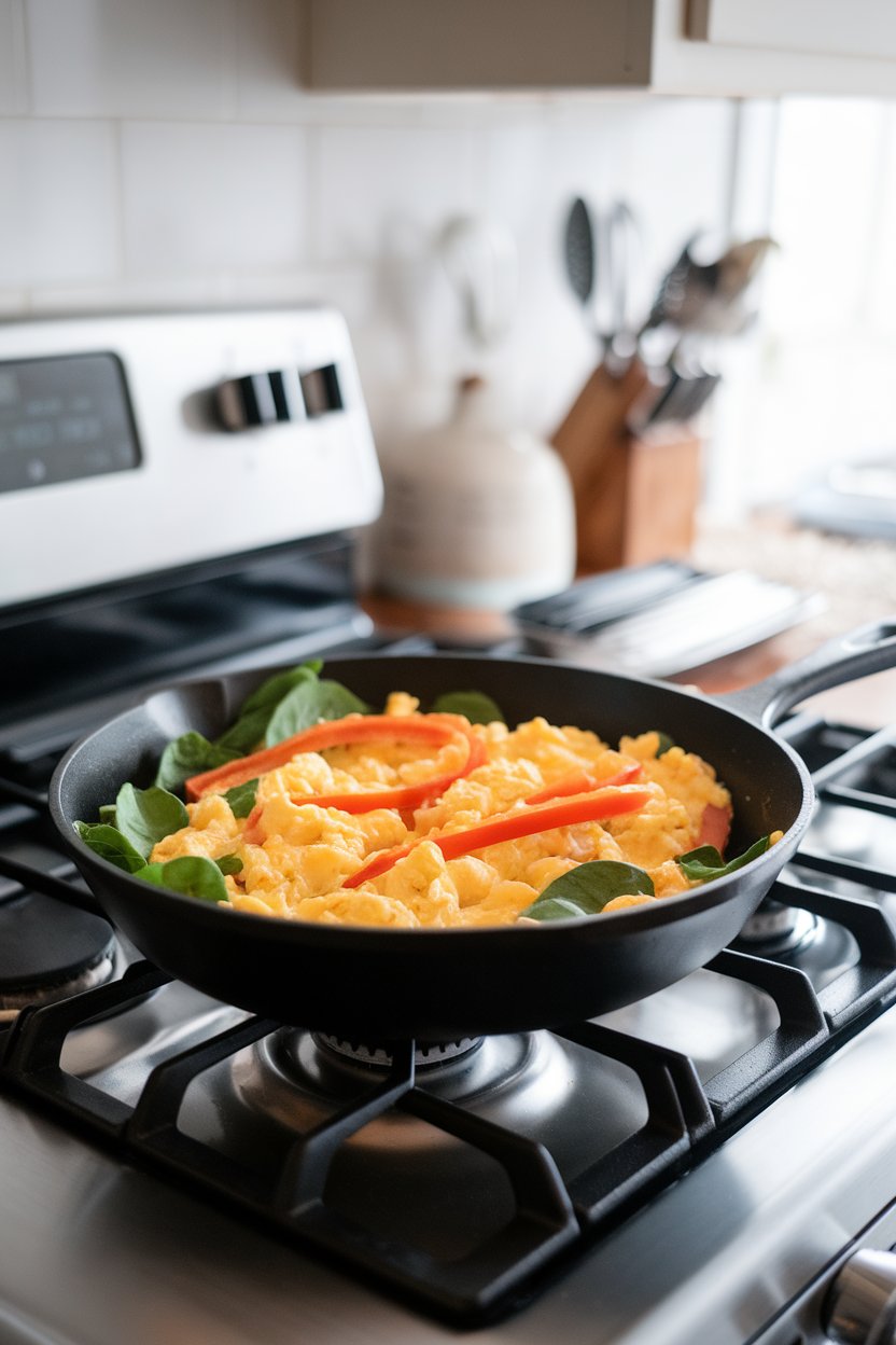 An indoor stovetop scene showing a skillet filled with fluffy scrambled eggs, bell pepper strips, and spinach leaves. Photo, no text or logos.