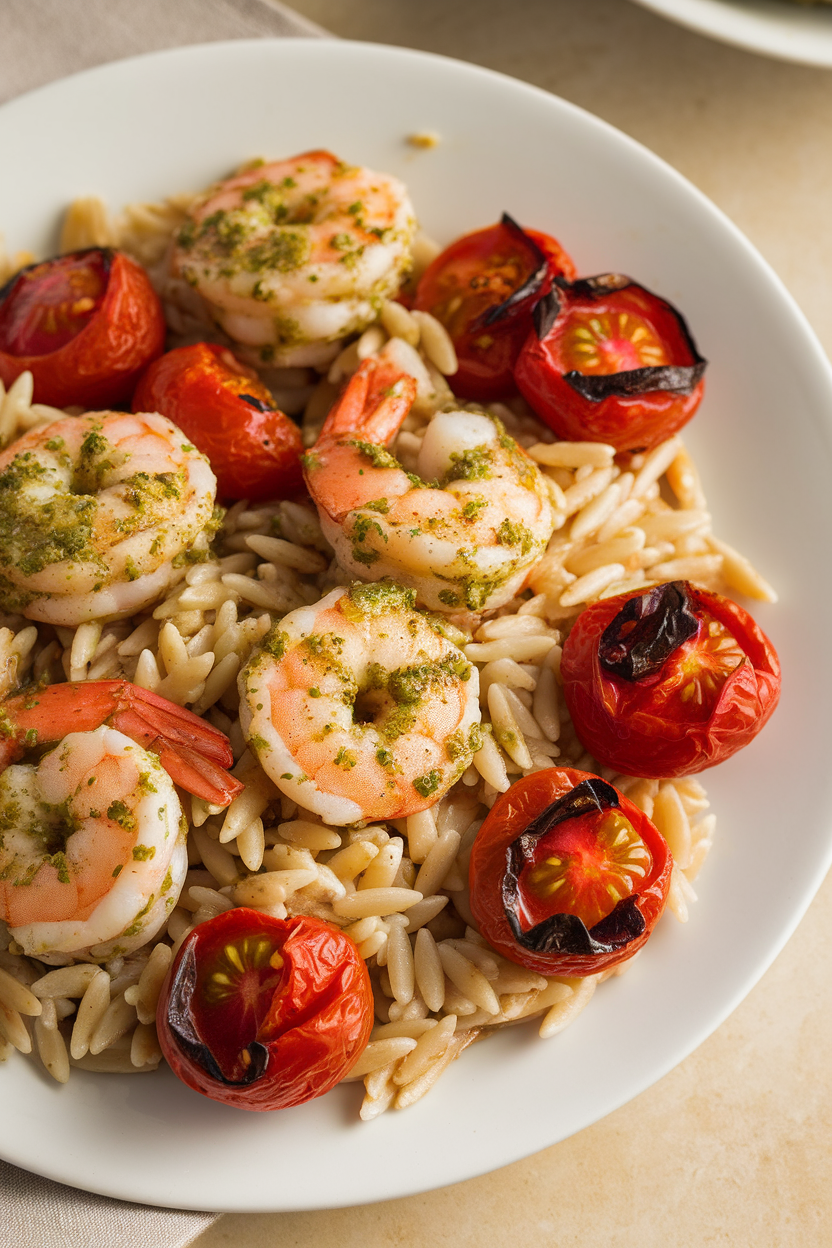 Indoor photo of pesto-coated shrimp, whole-wheat orzo, and blistered cherry tomatoes on a plate. No text or logos.