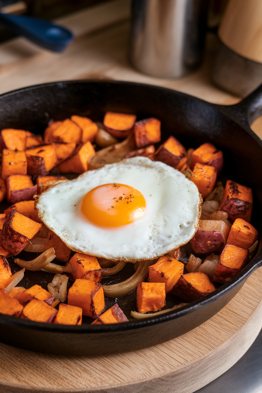 Indoor cast-iron skillet shot of cubed roasted sweet potato mixed with onions and a sunny-side-up egg resting on top. No text or logos.