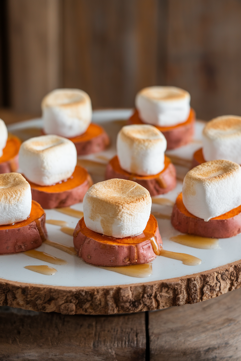 An indoor serving board featuring small disks of roasted sweet potato topped with toasted marshmallows and a drizzle of maple syrup. Photo, no text or logos.