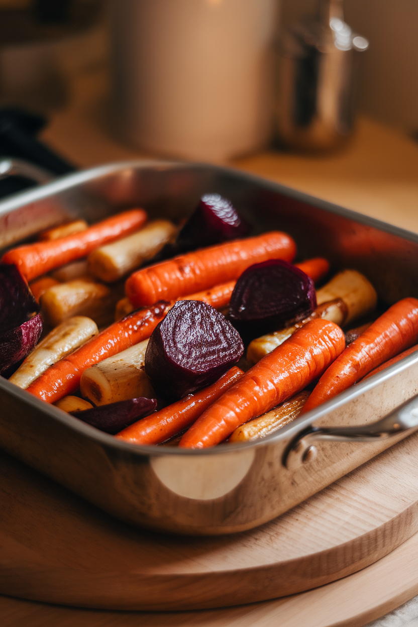 A roasting pan indoors filled with caramelized carrots, parsnips, and beets coated in a glossy glaze. Photo, no text or logos.