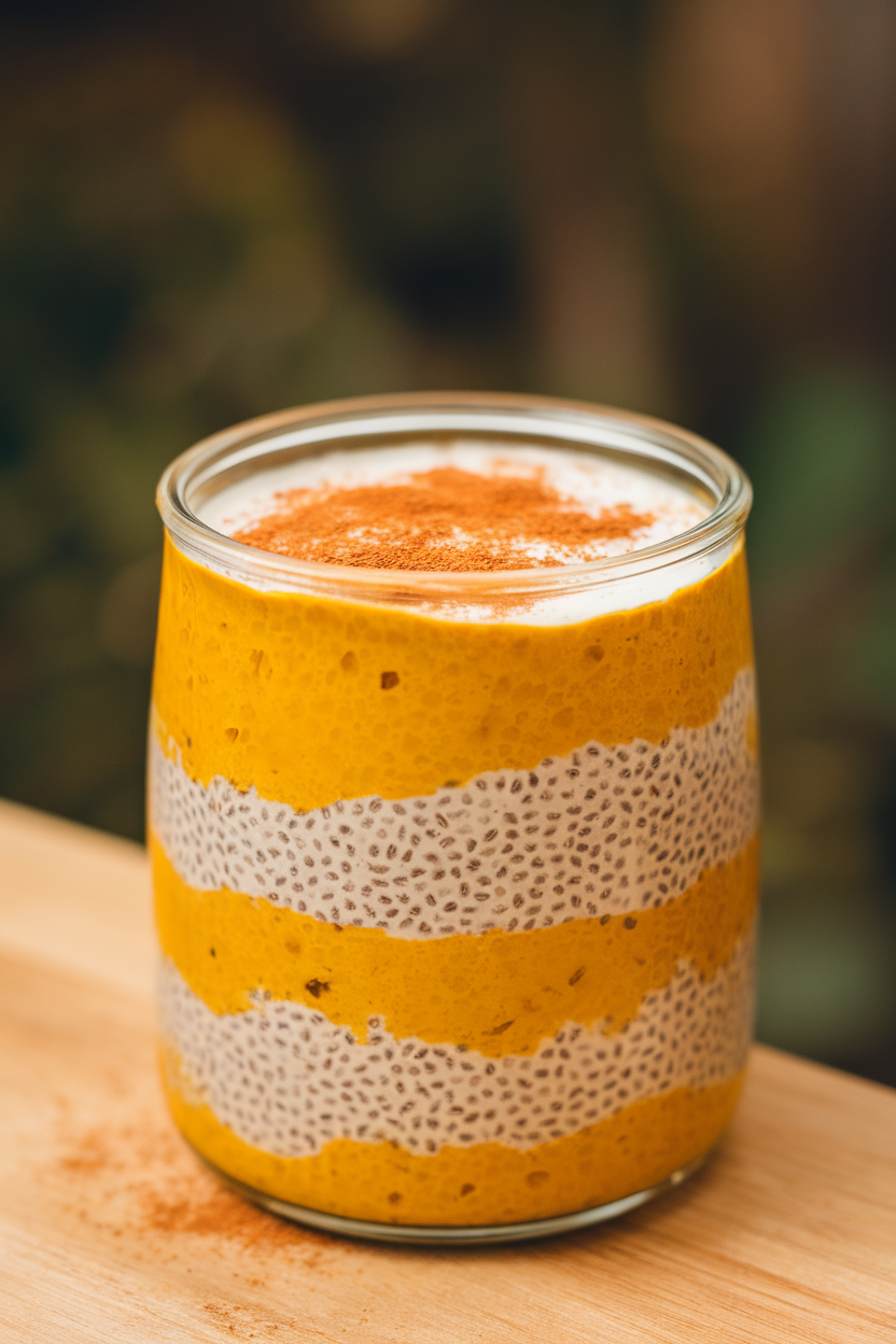 Photo of layered pumpkin chia pudding in a clear glass jar, cinnamon sprinkle on top, indoor setting. No text or logos.