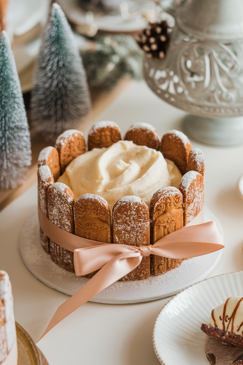 An indoor holiday table with a charlotte slice—gingerbread ladyfinger walls encasing pear mousse—tied with a satin ribbon. No text or logos. Photo, not illustration.