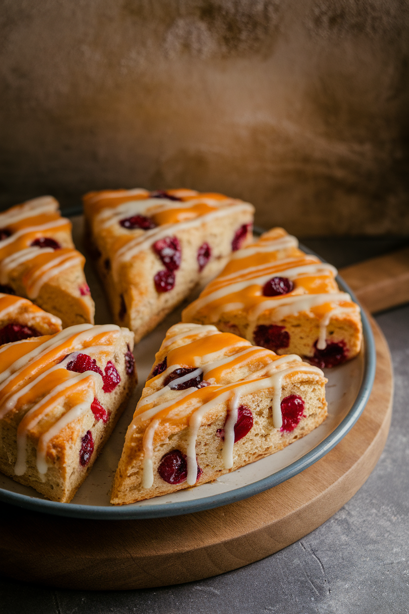 Photo of triangular cranberry-orange scones arranged on a ceramic plate indoors, a drizzle of orange glaze catching the light; no text or logos.