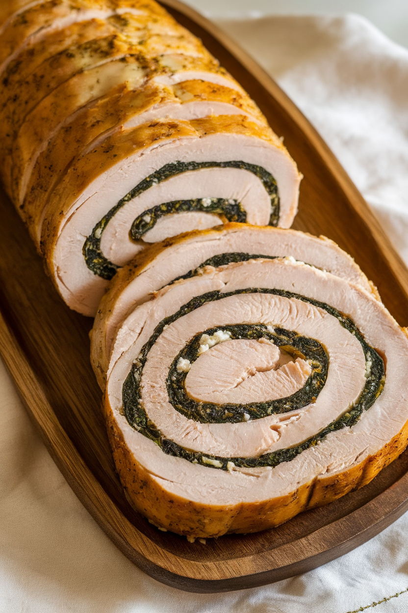 A sliced turkey roulade showing spinach and feta spiral, placed indoors on a platter. No text or logos.