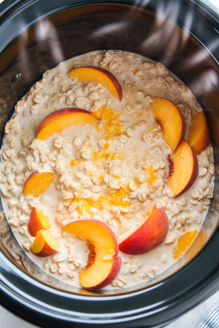 Indoor photo of a crockpot filled with creamy steel-cut oats swirled with peach chunks and grated ginger, steam rising, no text or logos.