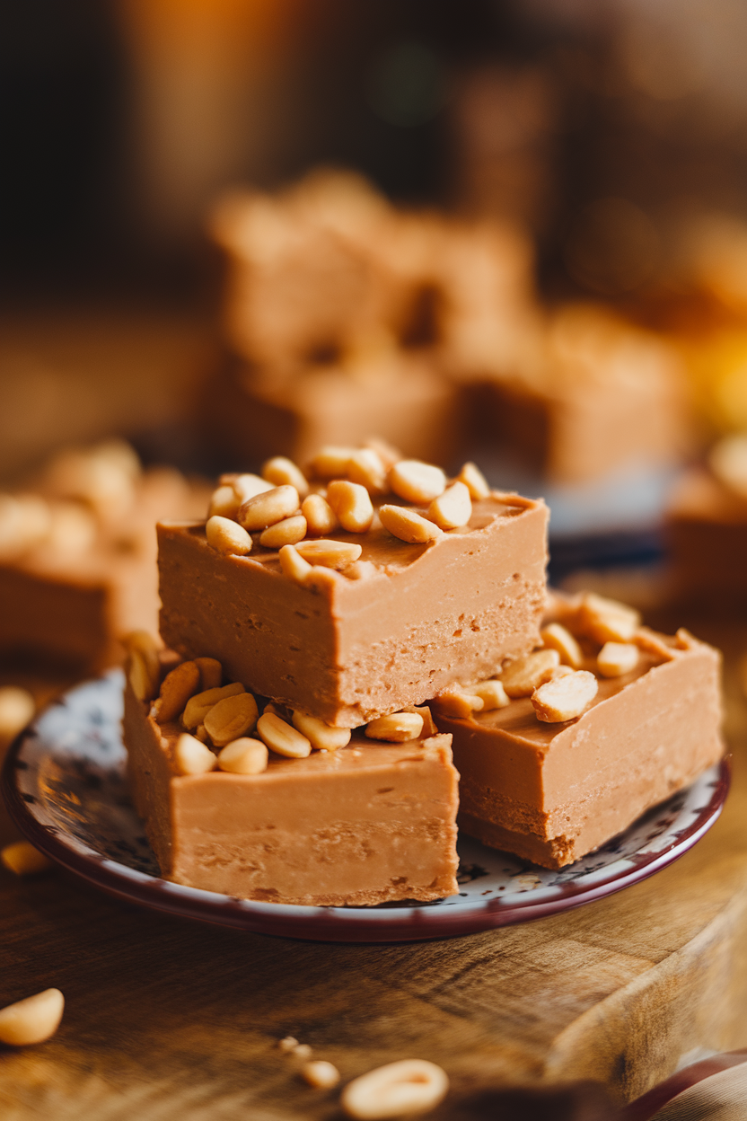 Close-up of peanut butter fudge squares on a small plate, creamy texture visible, indoor lighting, no text or logos.</Prompt