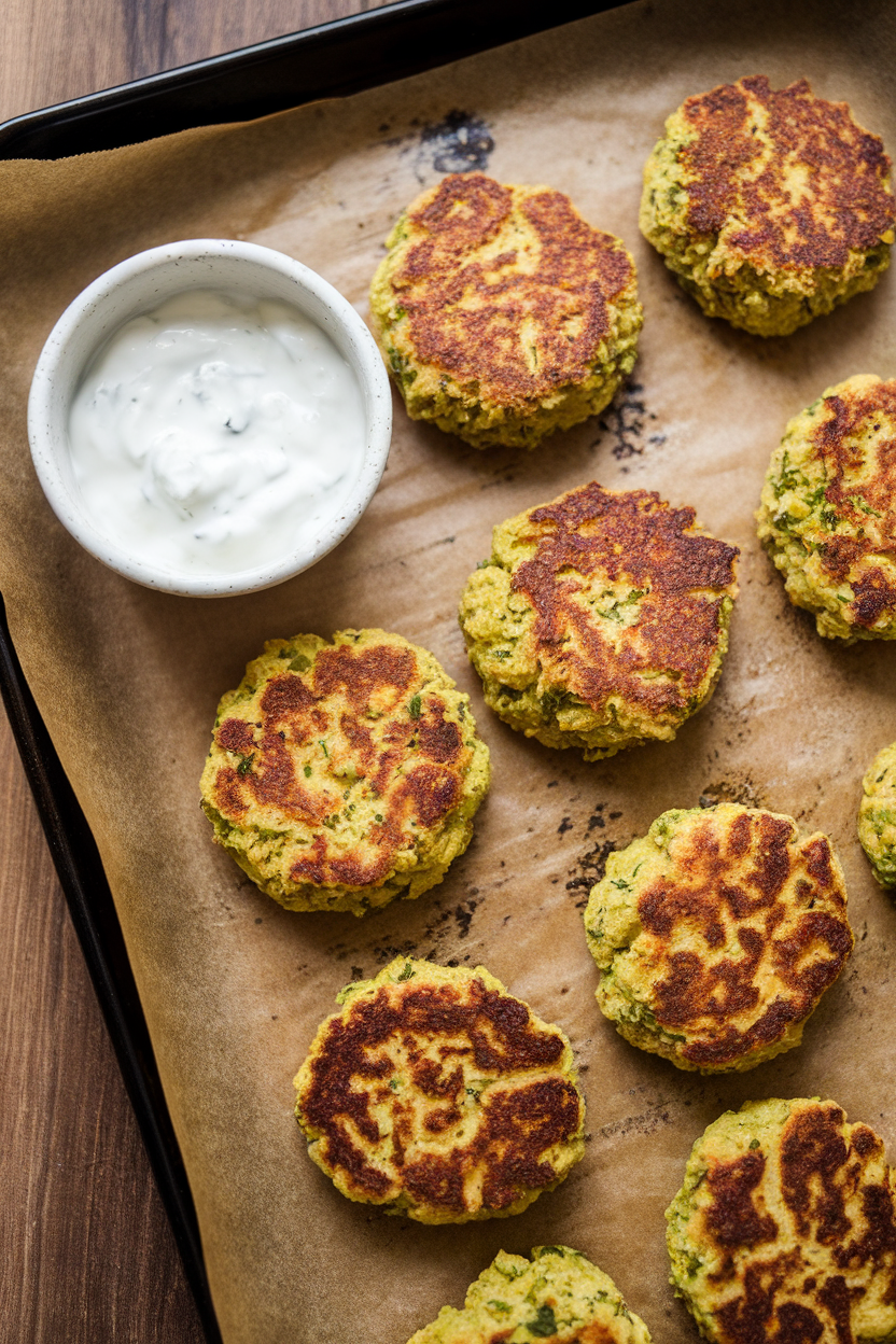 An indoor baking sheet lined with parchment displaying golden baked falafel patties, a small bowl of yogurt sauce to the side. No text or logos. Photo only.