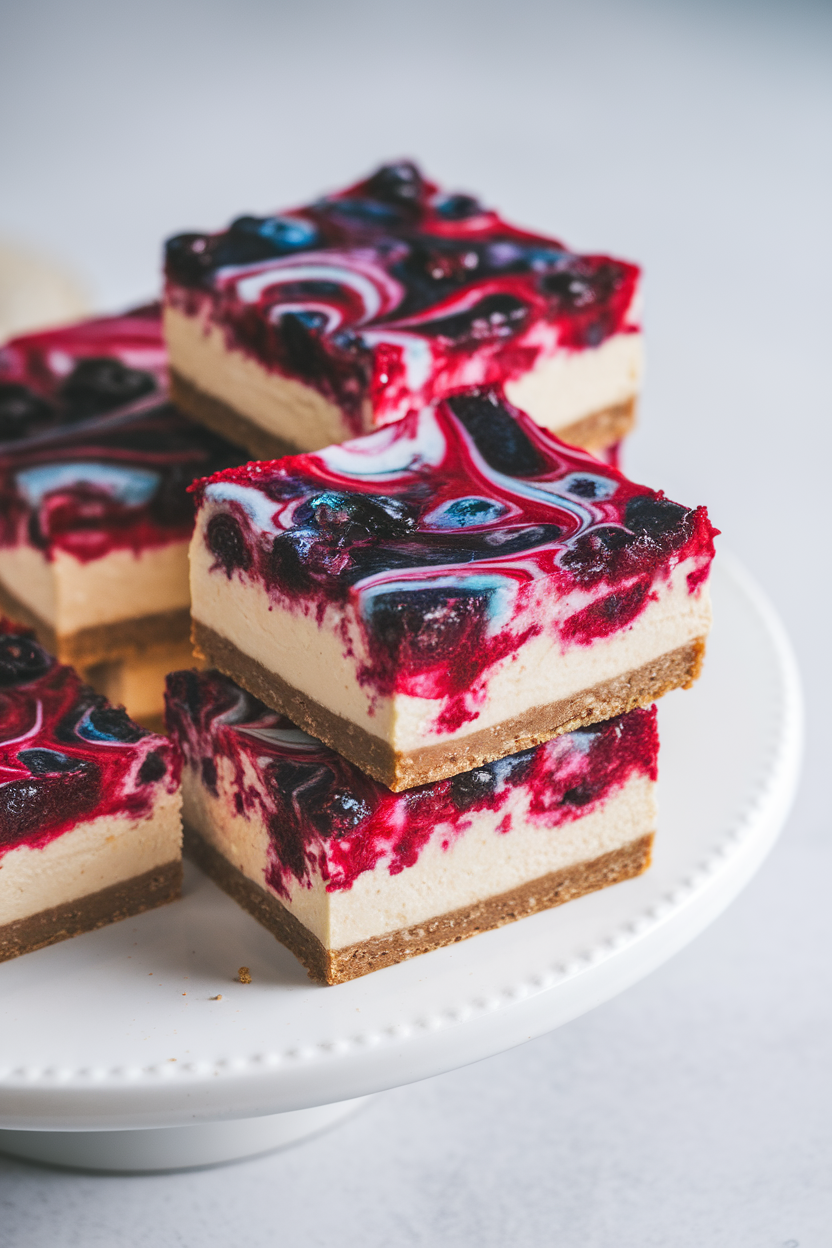 Indoor photo of cheesecake bars topped with a glossy mixed-berry swirl, stacked slightly offset on a white platter. No text or logos.