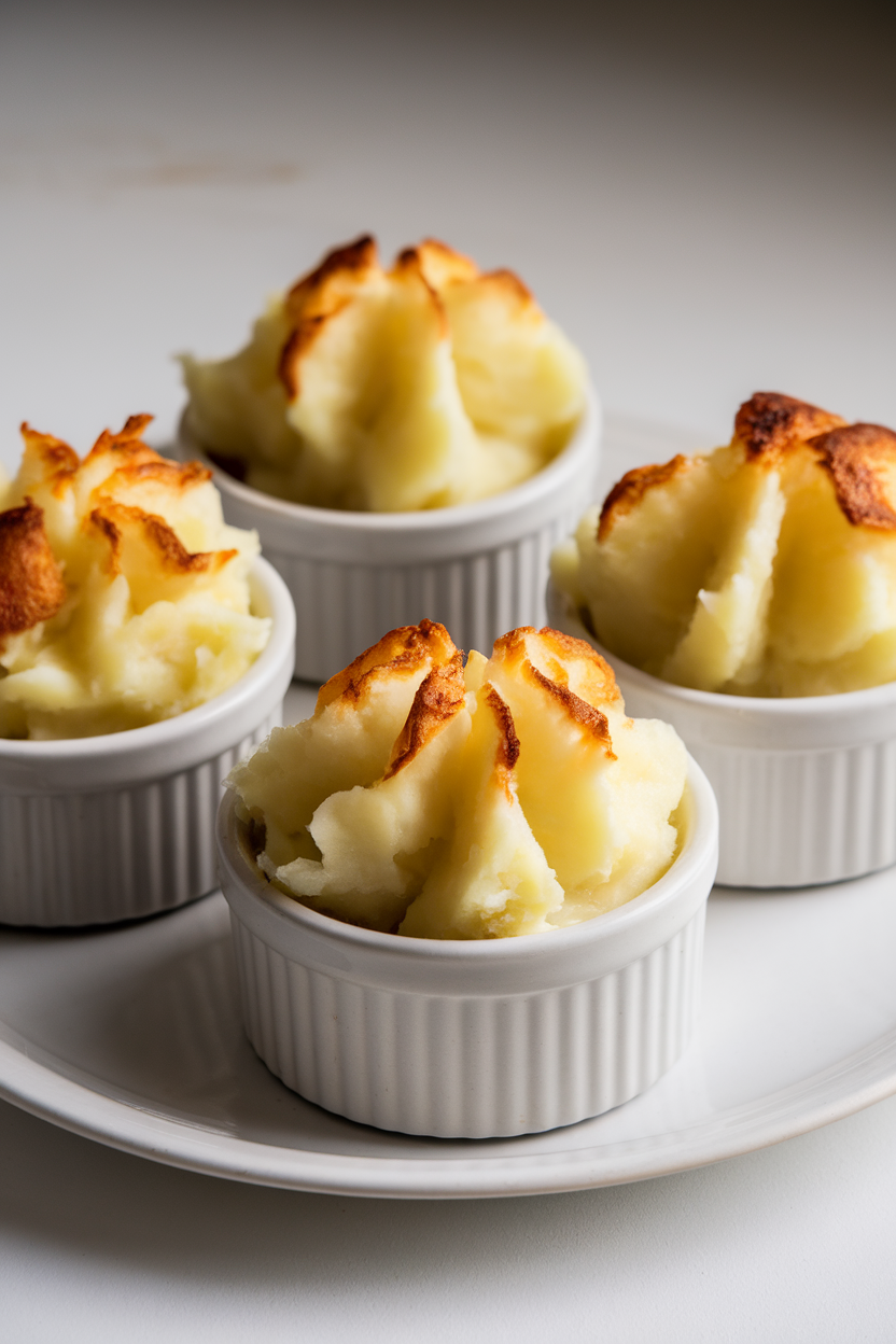 Indoor scene with individual ramekins topped with piped mashed potatoes lightly browned, filling peeking through edges. No text or logos. Photo only.