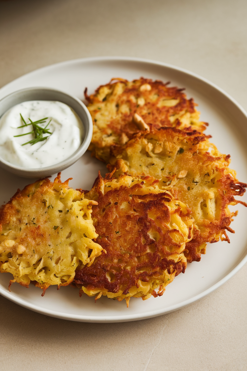 A white plate indoors with golden cashew and potato latkes, a side of yogurt-chive sauce. Photo, no text or logos.