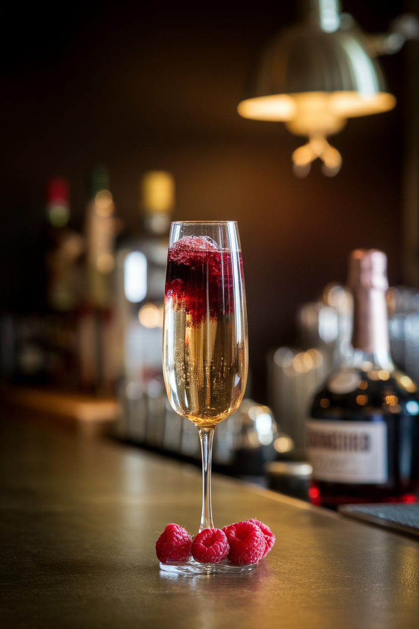 A dimly lit indoor bar displaying a flute of golden champagne with a splash of deep purple Chambord, fresh raspberries at the base. Photo, not illustration. No text or logos.