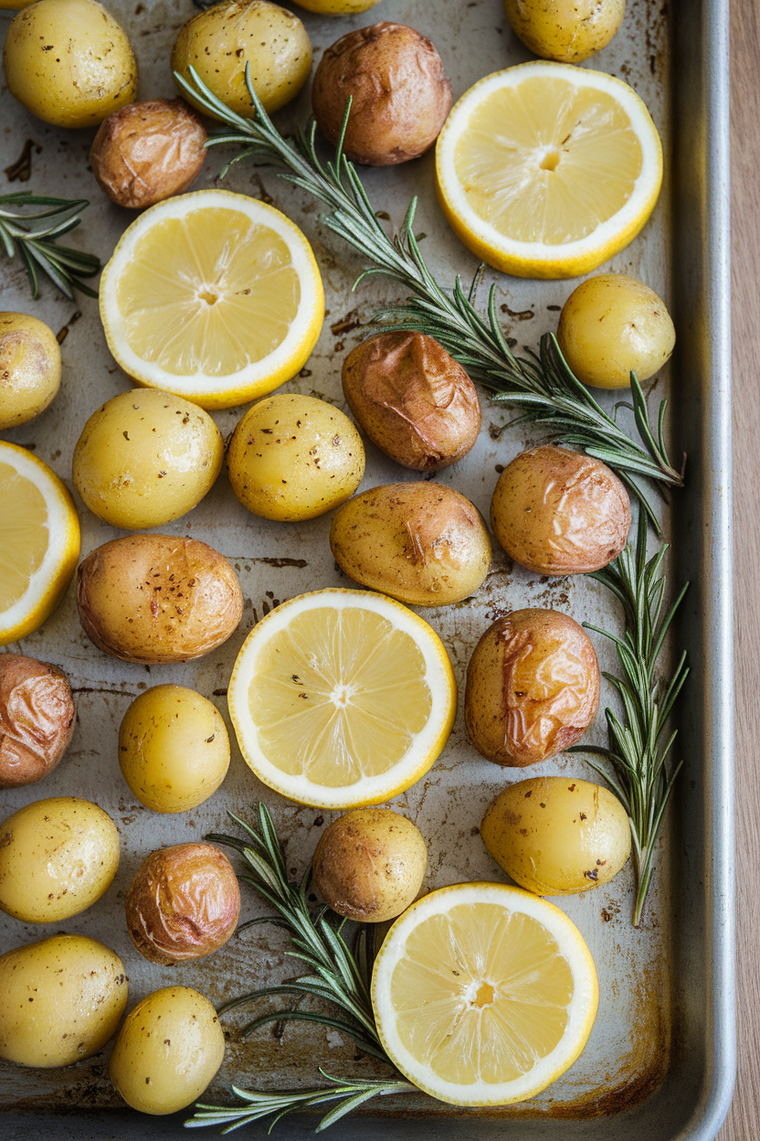An indoor sheet pan of roasted baby potatoes with rosemary sprigs and lemon slices, edges crisp; no text or logos.