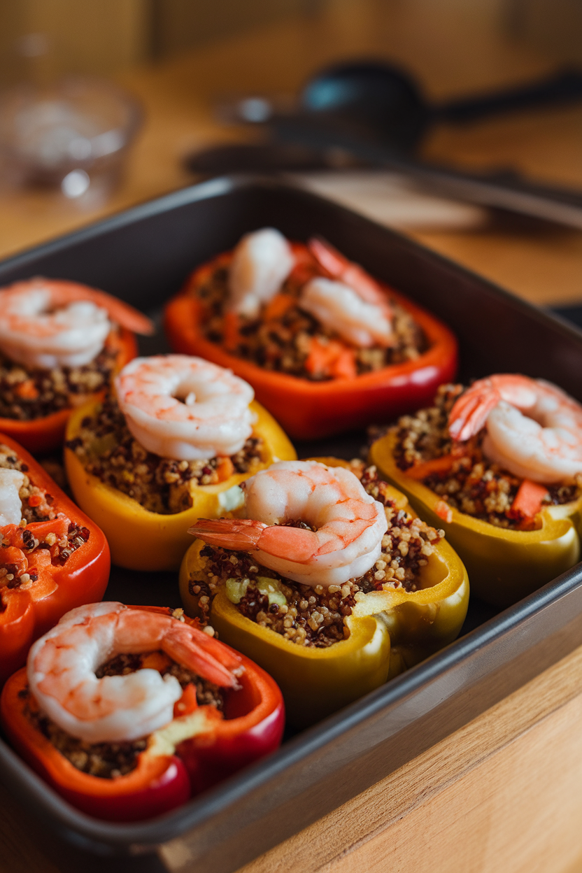 Indoor baking dish photo of halved bell peppers stuffed with quinoa, vegetables, and cooked shrimp, tops lightly browned; warm oven light, no text or logos.