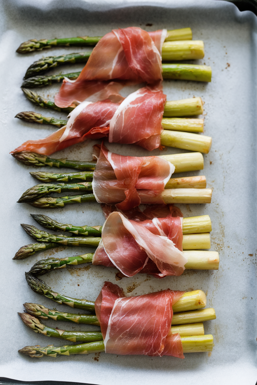 Indoor baking sheet lined with roasted asparagus spears wrapped in thin prosciutto, edges crisp. No text or logos. Photo, not illustration.