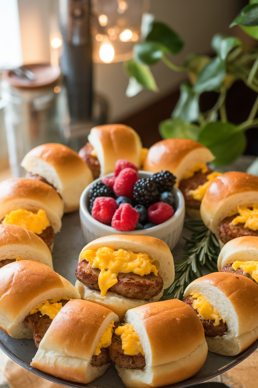 An indoor platter of mini brioche buns filled with sage sausage patties, scrambled eggs, and melted cheddar. Warm light and no brand markings in sight.