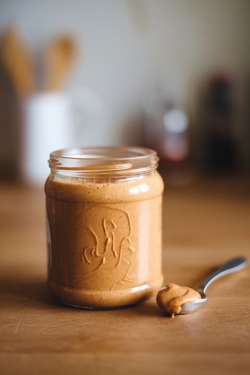 A jar of natural peanut butter with oil separation visible, spoon dipped in, placed on a countertop indoors; no text or logos; photo