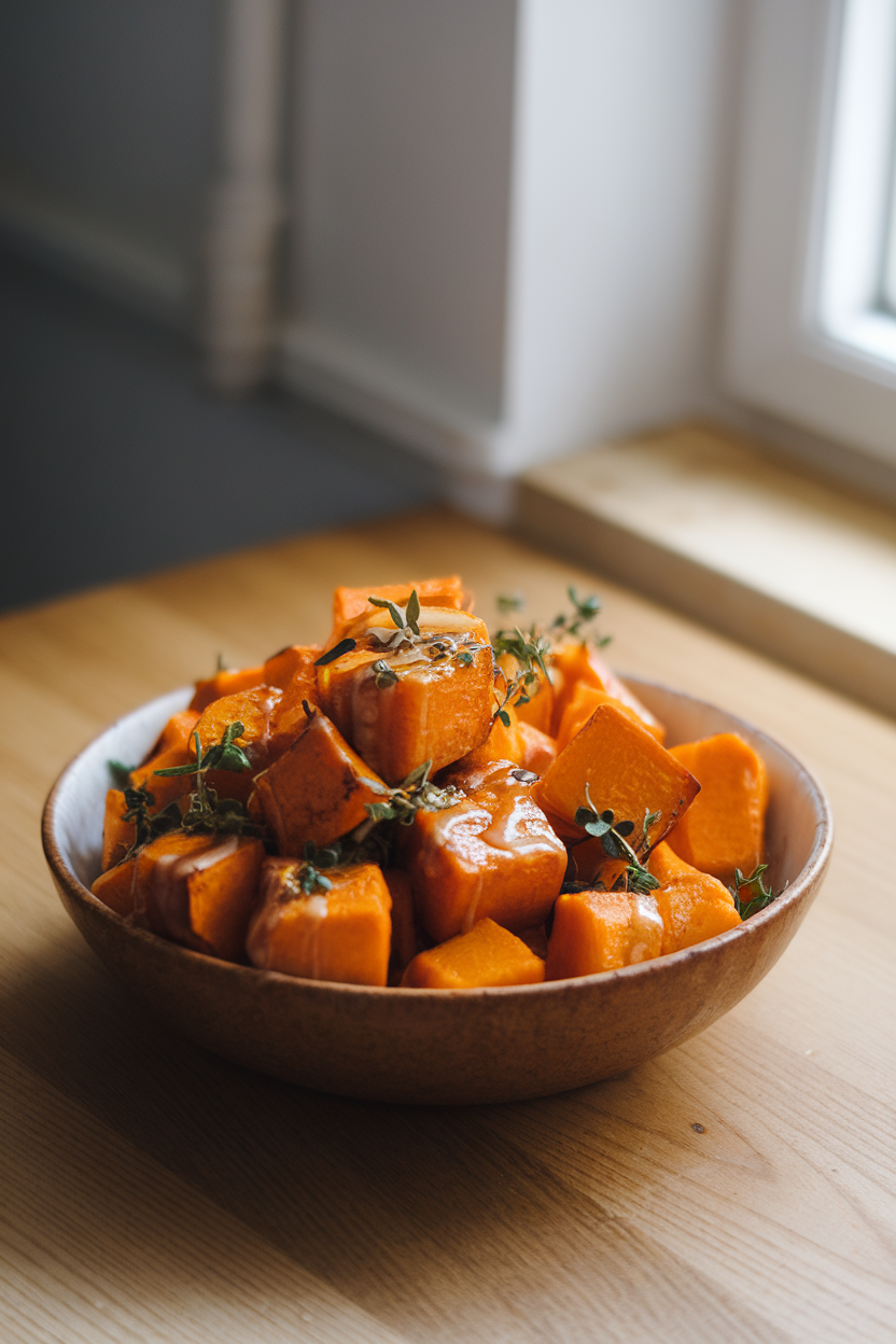 Bowl of roasted butternut squash cubes on a kitchen table, indoor photo, no text or logos