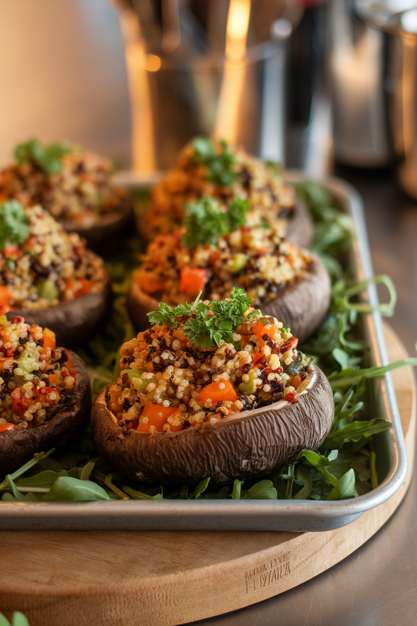 Indoor oven tray showing large cooked portobello mushrooms filled with colorful quinoa and vegetable mixture, parsley sprinkled on top. No logos or text visible. Photo only.