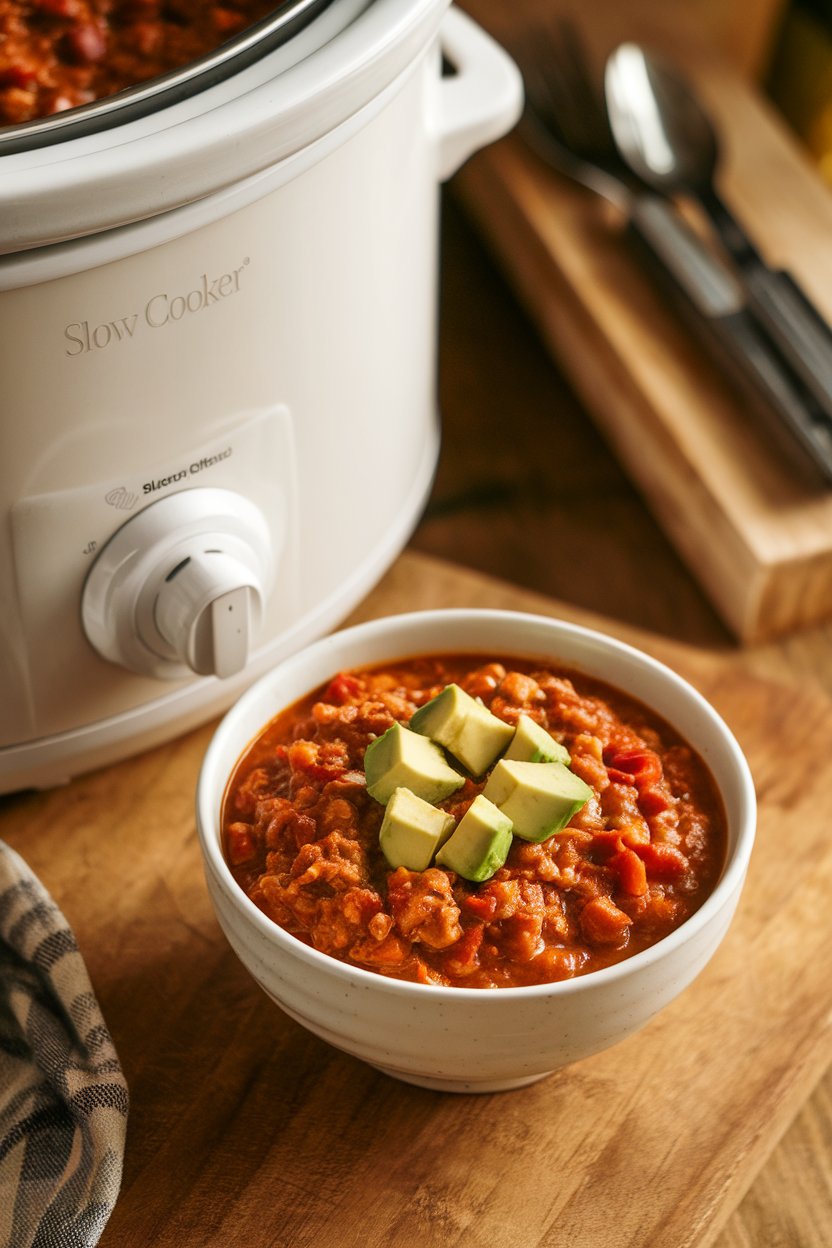 An indoor slow cooker next to a bowl of turkey chili topped with diced avocado. Photo, no text or logos.