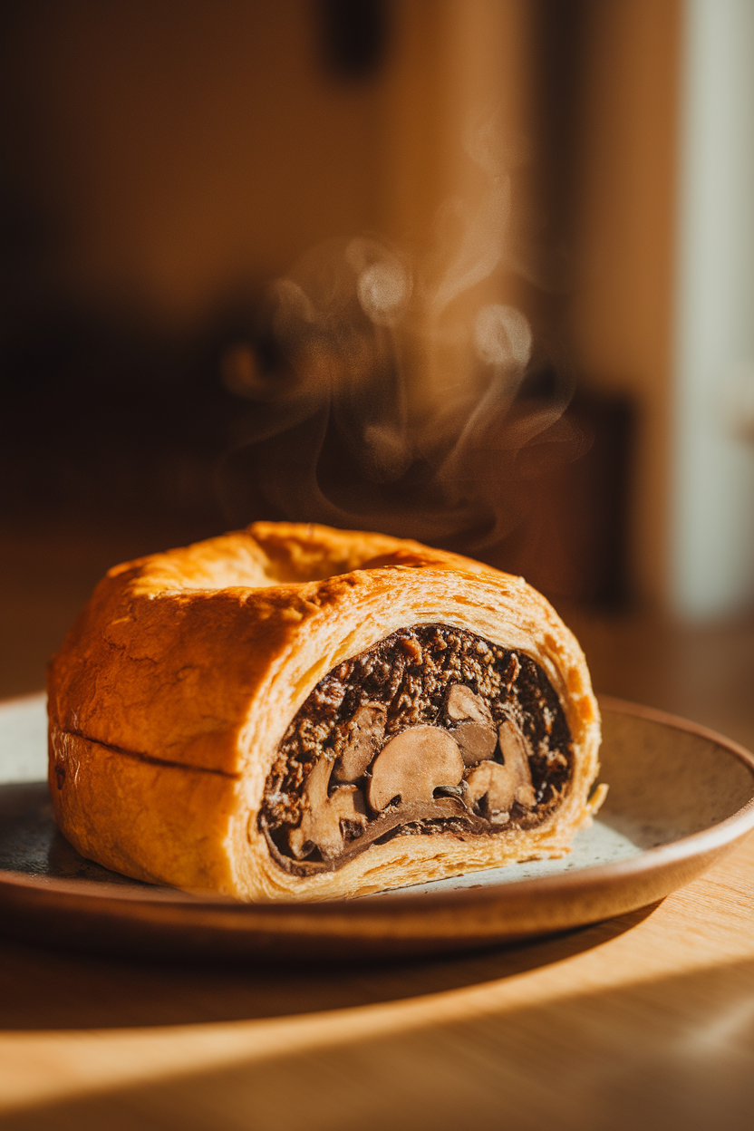 A warmly lit indoor countertop with a sliced vegan Wellington showing a flaky golden pastry wrapped around a dark mushroom-walnut filling. Steam rises gently. This should be a photo, not an illustration. No text or logos anywhere in the scene.