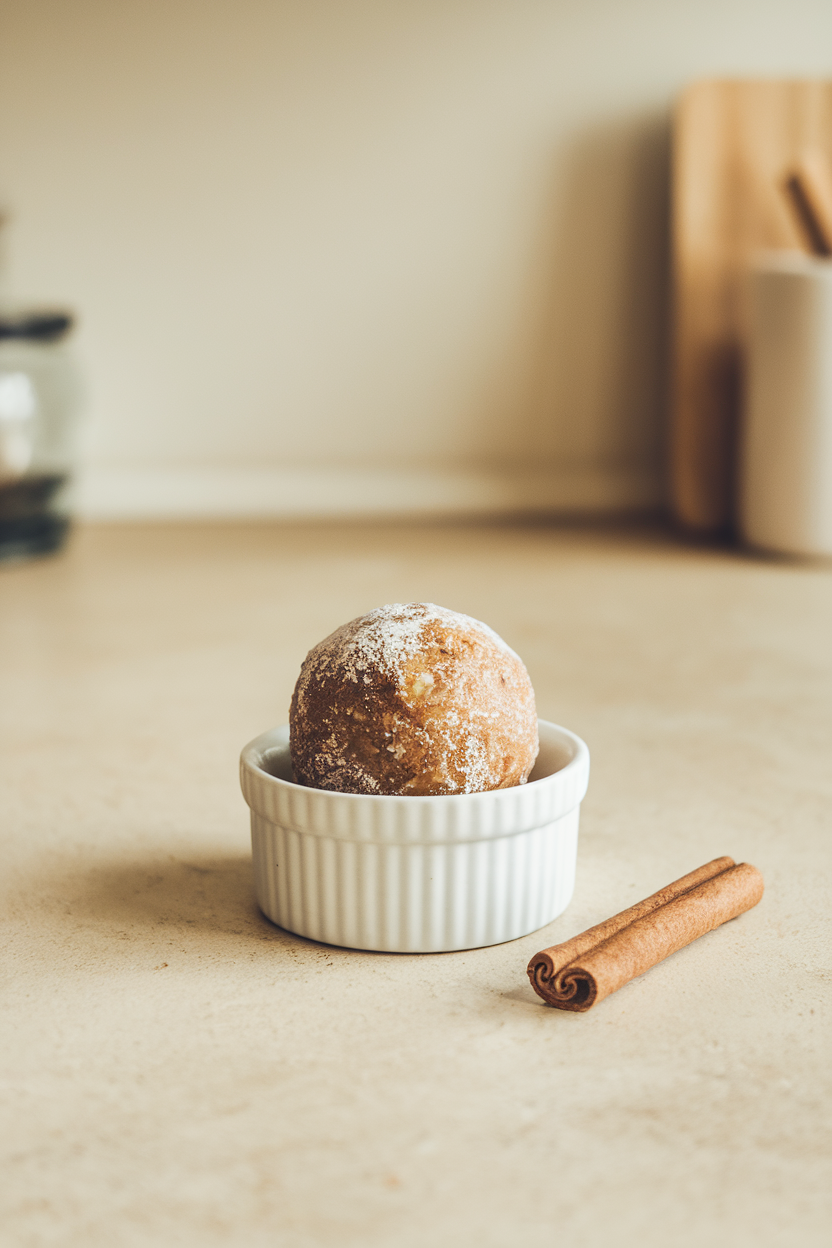 Photo of an indoor countertop with apple cinnamon energy balls nestled in a small ramekin, cinnamon stick nearby. No text or logos.