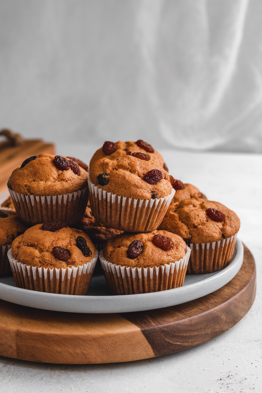 Indoor photo of cinnamon raisin muffins with raisins on top, simple white backdrop, no text or logos
