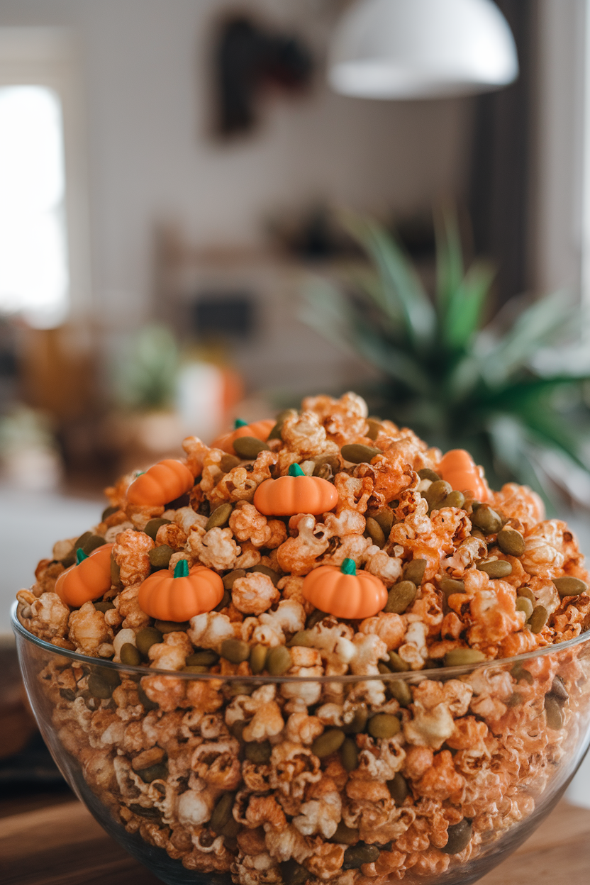 A large indoor bowl of caramel popcorn mixed with pumpkin-shaped candies and roasted pepitas, no text or logos.