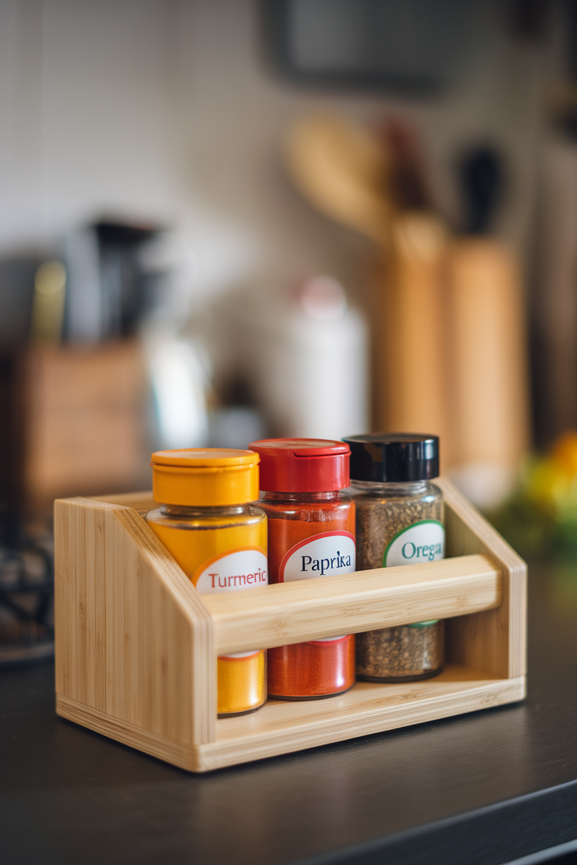 A wooden spice rack on a kitchen counter displaying colorful jars of turmeric, paprika, and oregano; no text or logos; photo