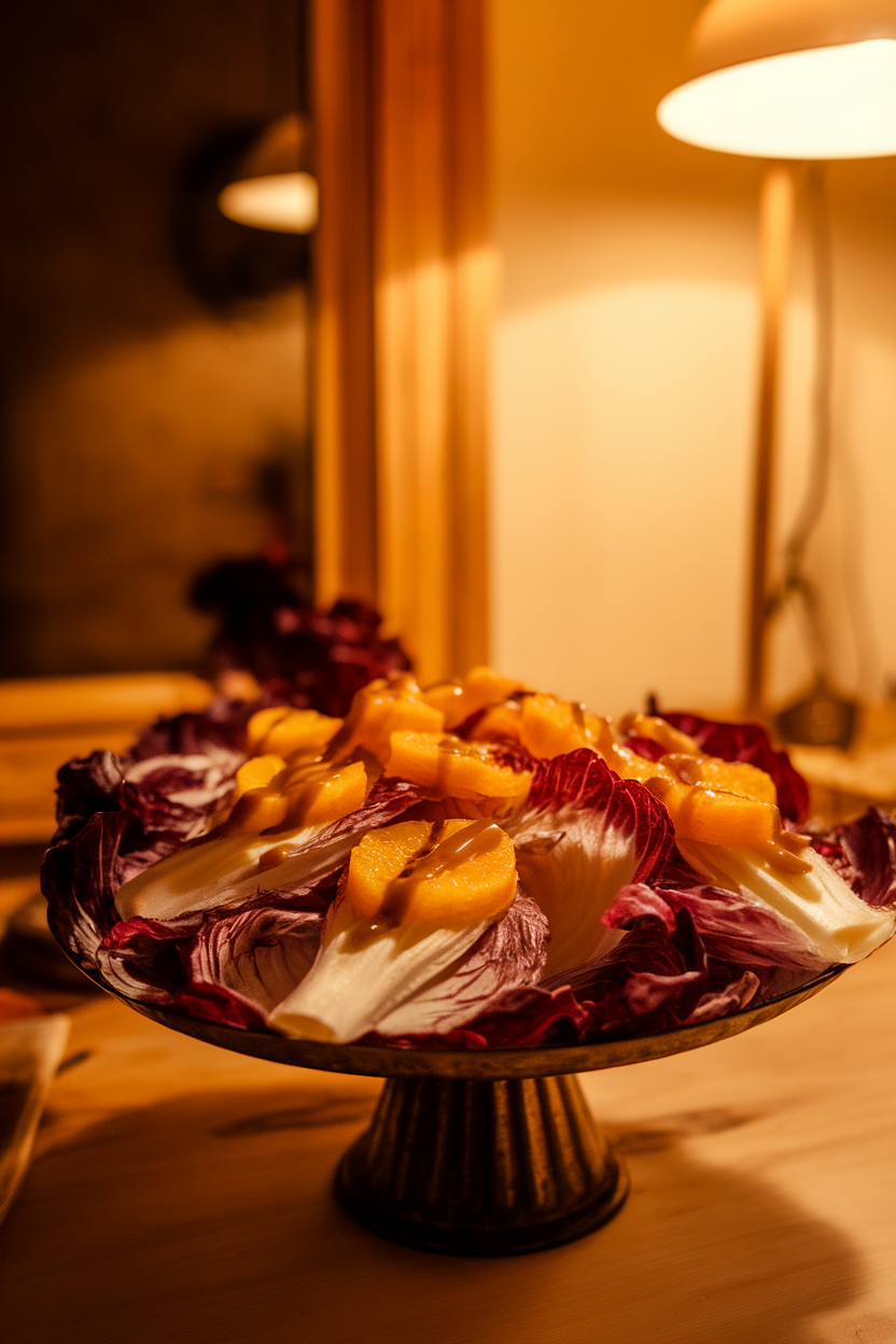 A warmly lit indoor dining table displaying a serving platter of chicory leaves topped with orange rounds and drizzled dressing. No text or logos; photo only.