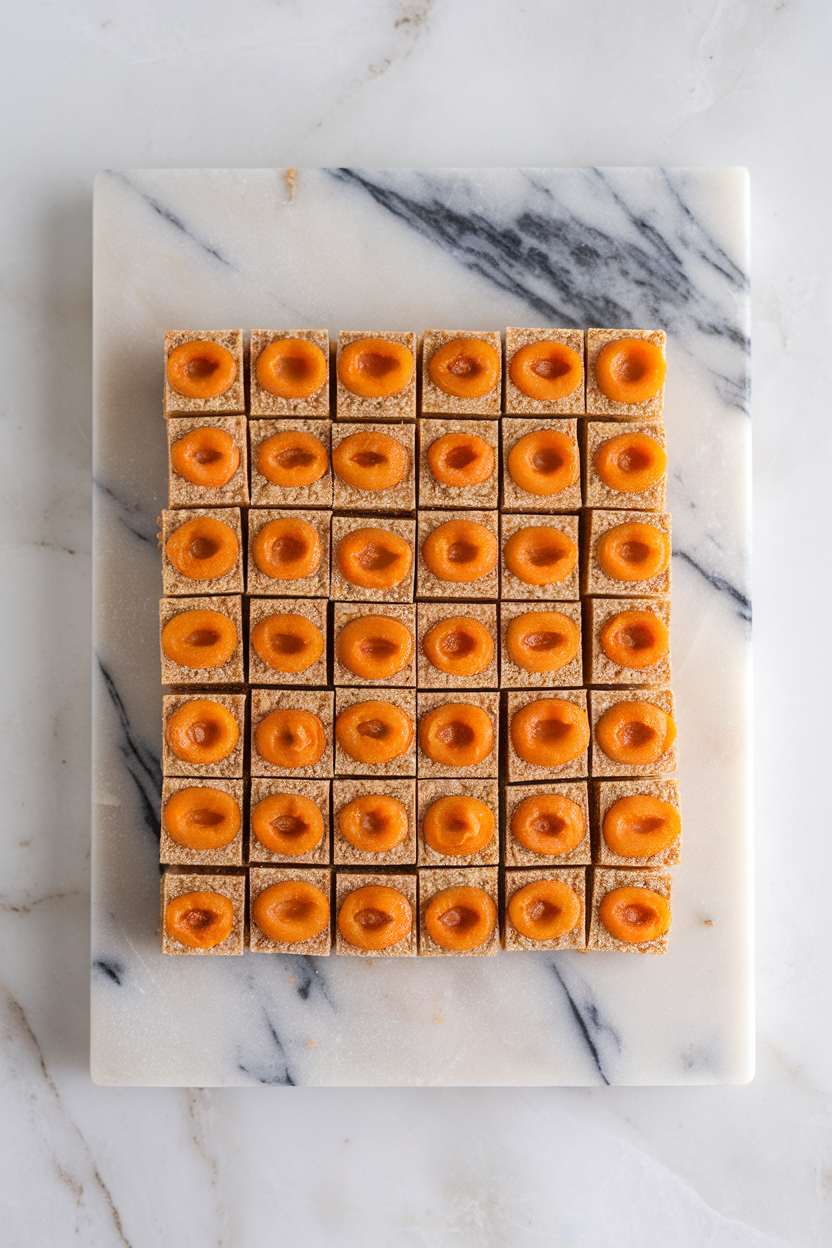 An indoor marble slab with small square tahini apricot bars neatly arranged in rows. Photo, no text or logos.