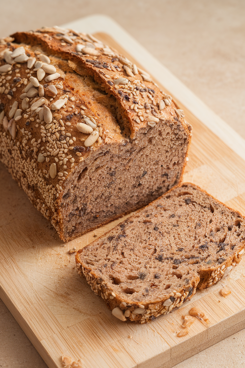 An indoor cutting board with a seeded loaf rolled in hemp hearts, sunflower, and sesame seeds, slice showing airy crumb. No text or logos. Photo only.
