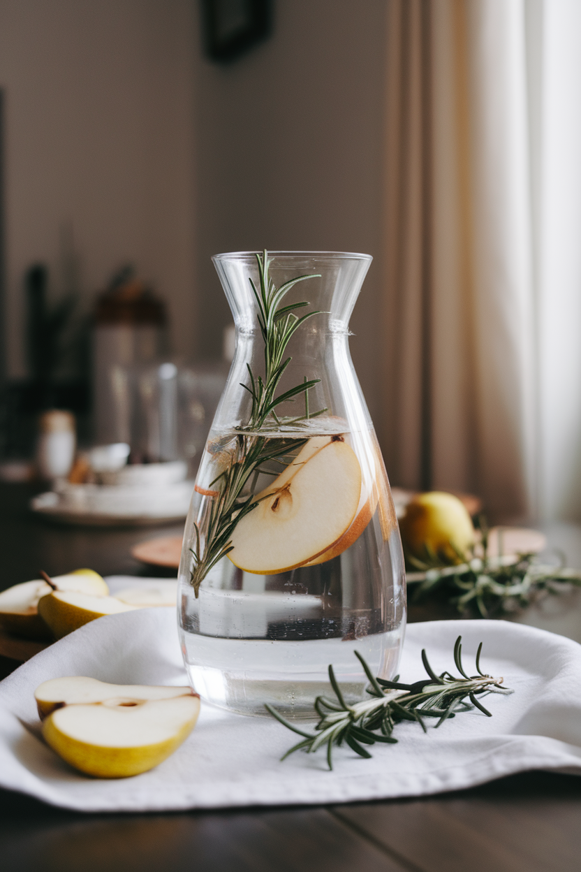 Photo of a clear carafe filled with water, pear slices, and rosemary sprigs on a dining table indoors. No text or logos.