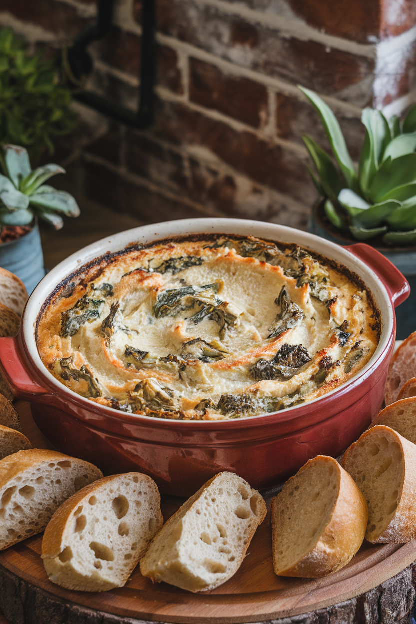 Photo indoors of a bubbling ceramic dish filled with creamy spinach-artichoke dip, surrounded by sliced baguette. No text or logos present.