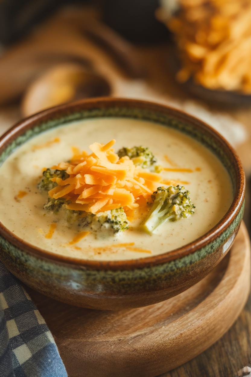 An indoor soup bowl filled with creamy broccoli cheddar soup, small florets visible, topped with extra shredded cheese. Warm lighting; no text or logos. Photo only.