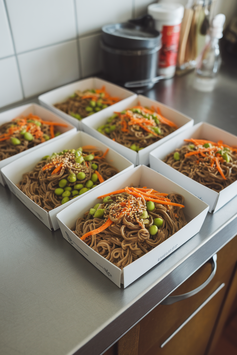 Indoor counter scene with meal-prep boxes of cooked buckwheat soba noodles tossed with edamame, shredded carrots, and sesame seeds. No logos or text present. Photo.