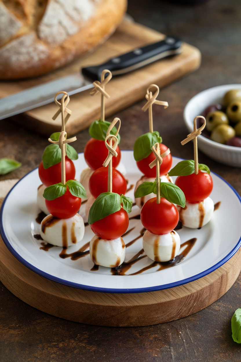 Indoor appetizer plate of small skewers threading cherry tomatoes, basil leaves, and mozzarella pearls, drizzled lightly with balsamic; no text or logos, photo style.