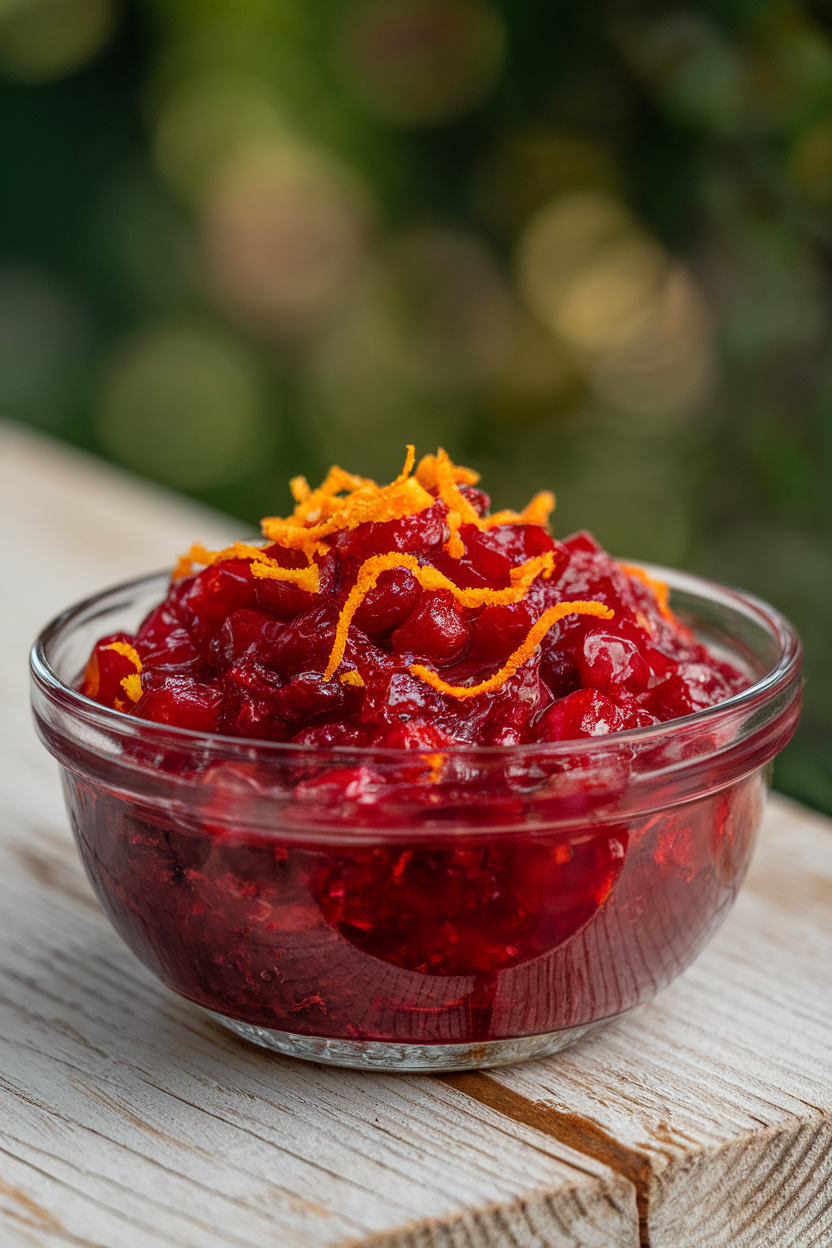 An indoor bowl of vibrant cranberry relish with visible orange zest, photo, no text or logos.