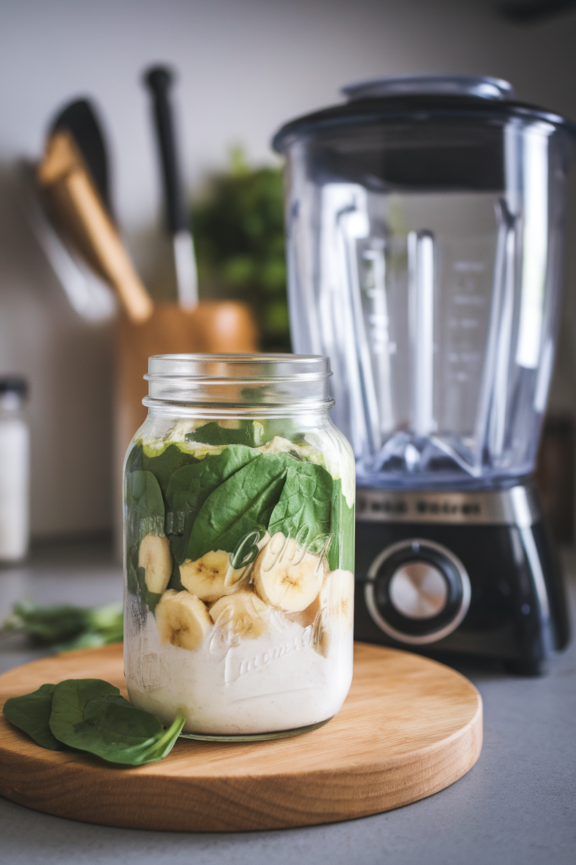 An 8-ounce glass jar smoothie with spinach, banana, and yogurt, sitting on a kitchen counter next to a larger unused blender jar. No logos.