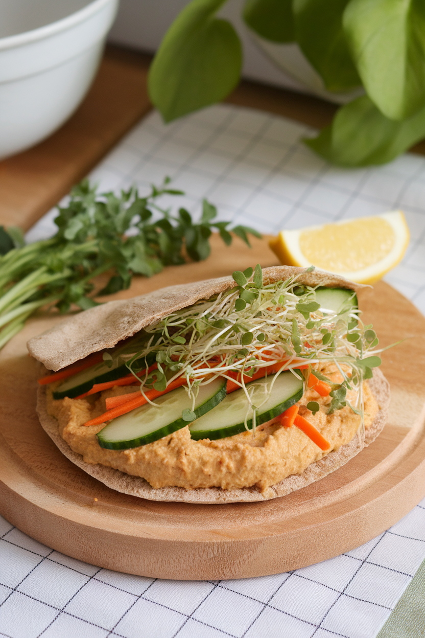 An indoor lunch scene with a whole-wheat pita stuffed with hummus, cucumber ribbons, shredded carrots, and alfalfa sprouts. No text or logos.