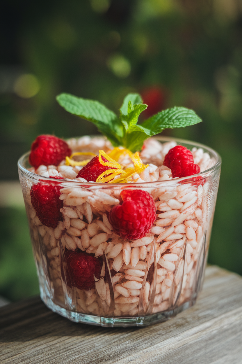 Glass bowl indoors with chilled farro mixed with raspberries and lemon zest, mint sprig on top, no text or logos