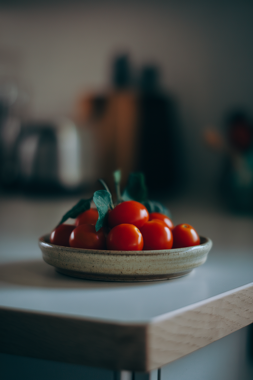 Photo, indoor countertop with a shallow ceramic dish of glossy cherry tomatoes, gentle diffused light, no text or logos.