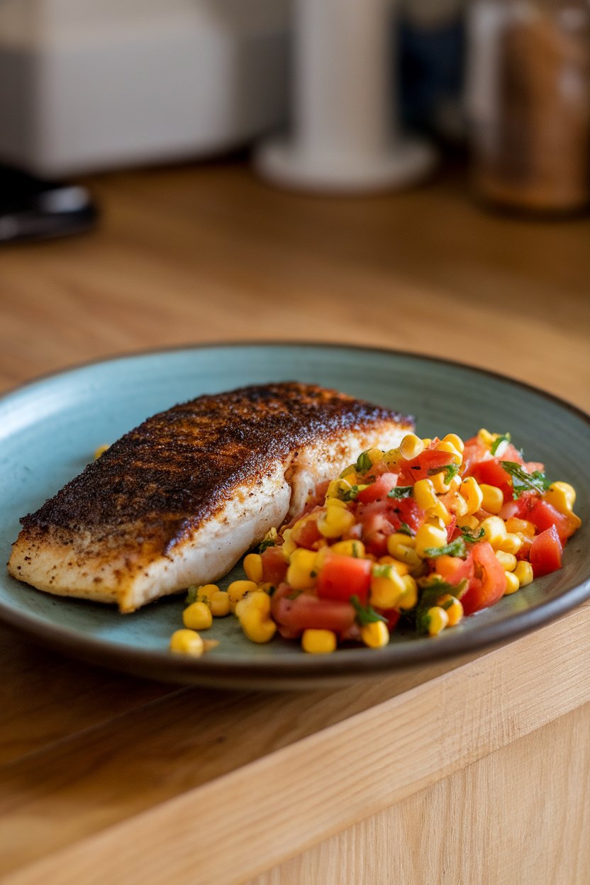 An indoor dinner plate showing cooked blackened tilapia fillet beside a bright corn and tomato salsa. Photo, no text or logos.