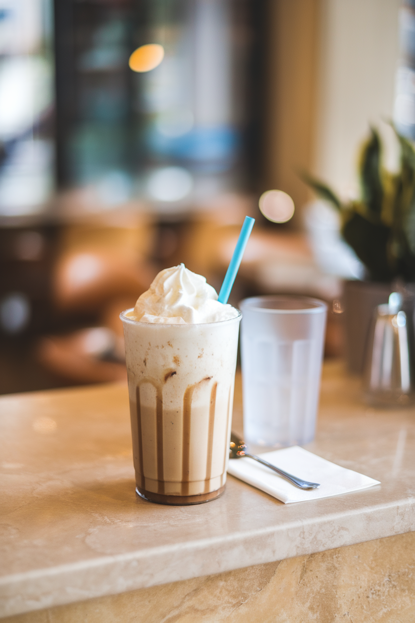 Indoor countertop with tall blender cup of snow-white vanilla frappe, whipped cream peak, blue paper straw, frosted glass. Photo, no text or logos.