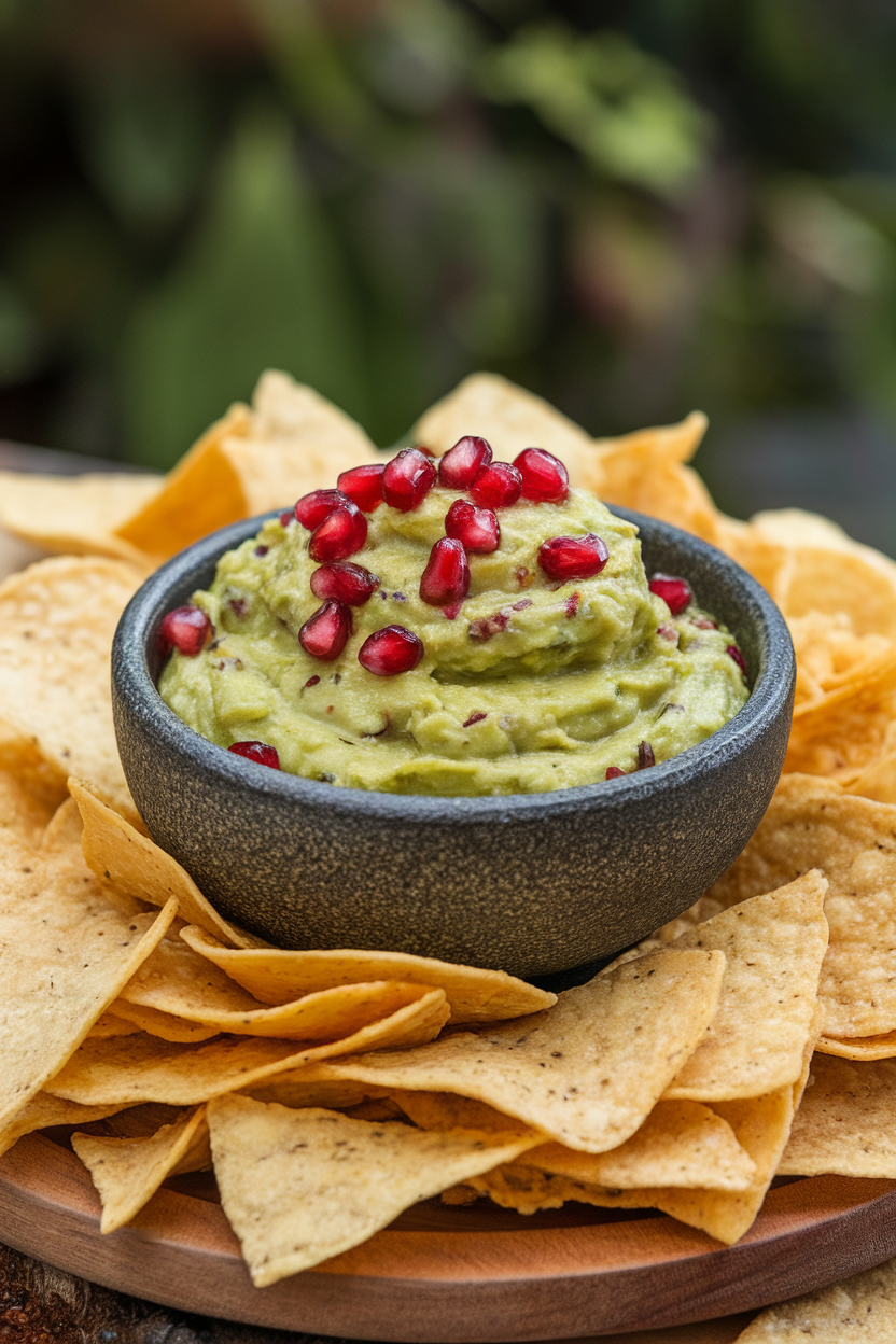 An indoor stoneware bowl filled with creamy guacamole sprinkled generously with ruby pomegranate seeds, tortilla chips surrounding. No text or logos, photo only.