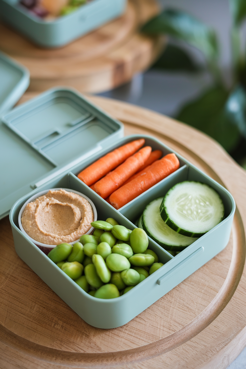 An indoor lunchbox divided into sections holding shelled edamame, baby carrots, cucumber rounds, and a small cup of hummus. No text or logos present. Photo only.