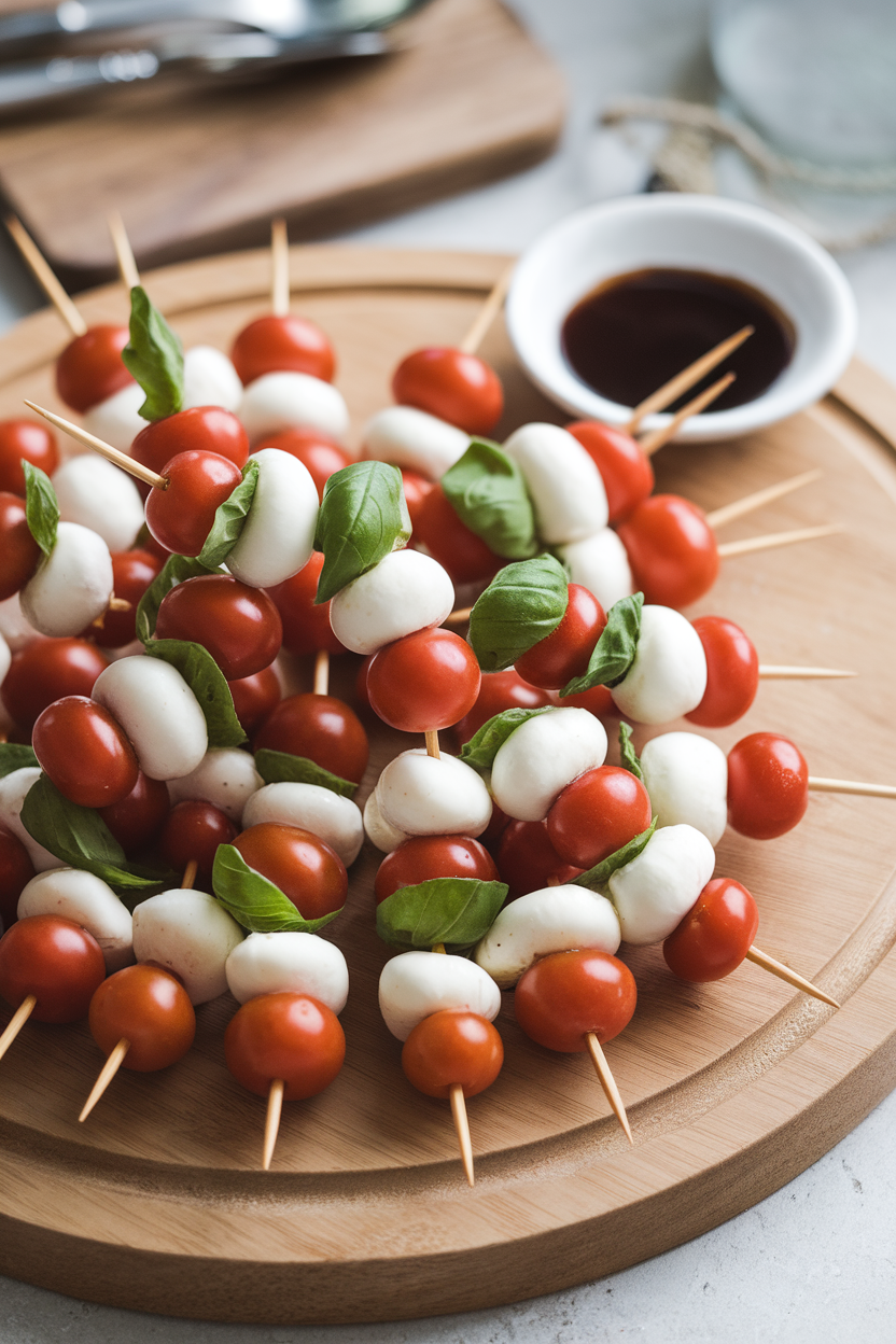 Indoor photo of short bamboo skewers threaded with cherry tomatoes, mini mozzarella balls, and basil leaves, drizzled with balsamic glaze. No text or logos.