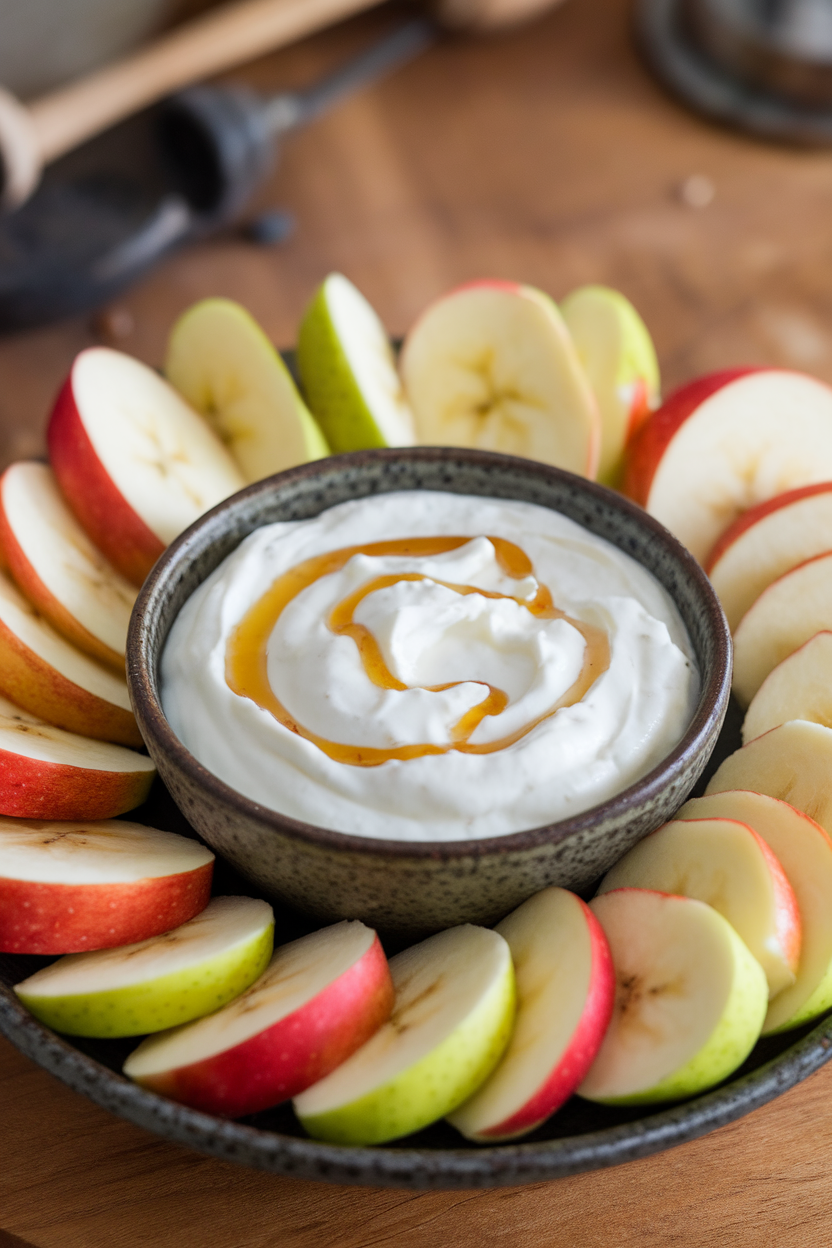 An indoor bowl of creamy yogurt dip drizzled with honey, surrounded by apple and banana slices for dipping, no text or logos.