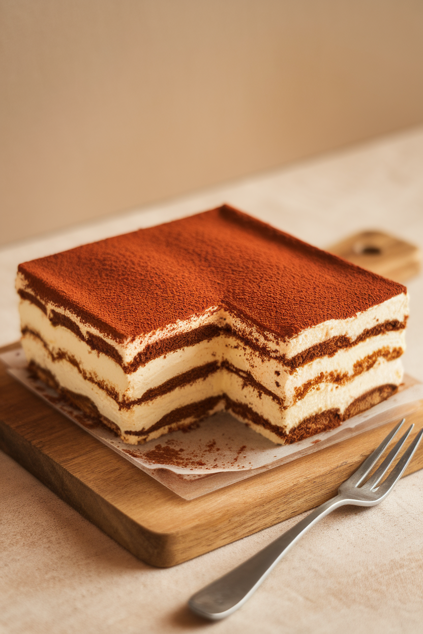 Square dish of tiramisu with cocoa dusting, cut to reveal layers, indoor setting, no text or logos.</Prompt