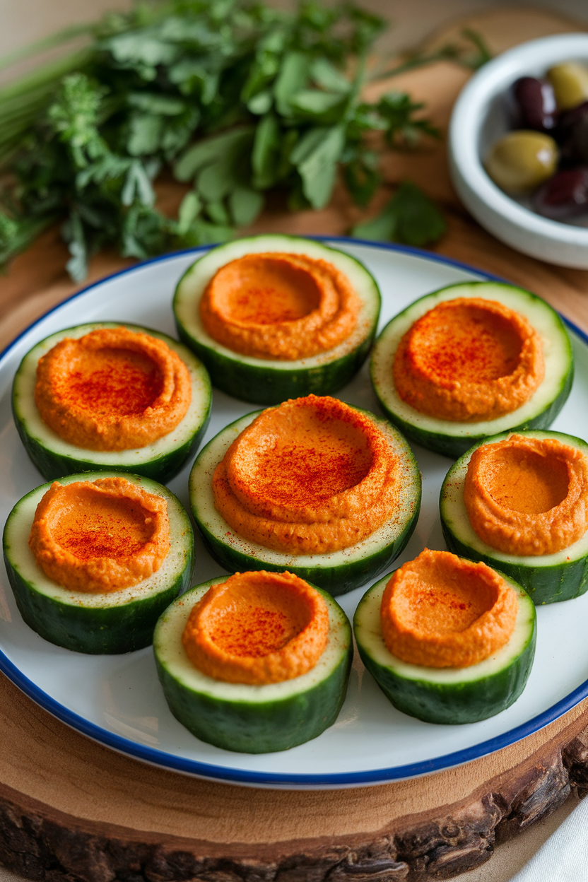 An indoor platter of cucumber cups hollowed and filled with smooth red pepper hummus, paprika dusting on top, no text or logos.